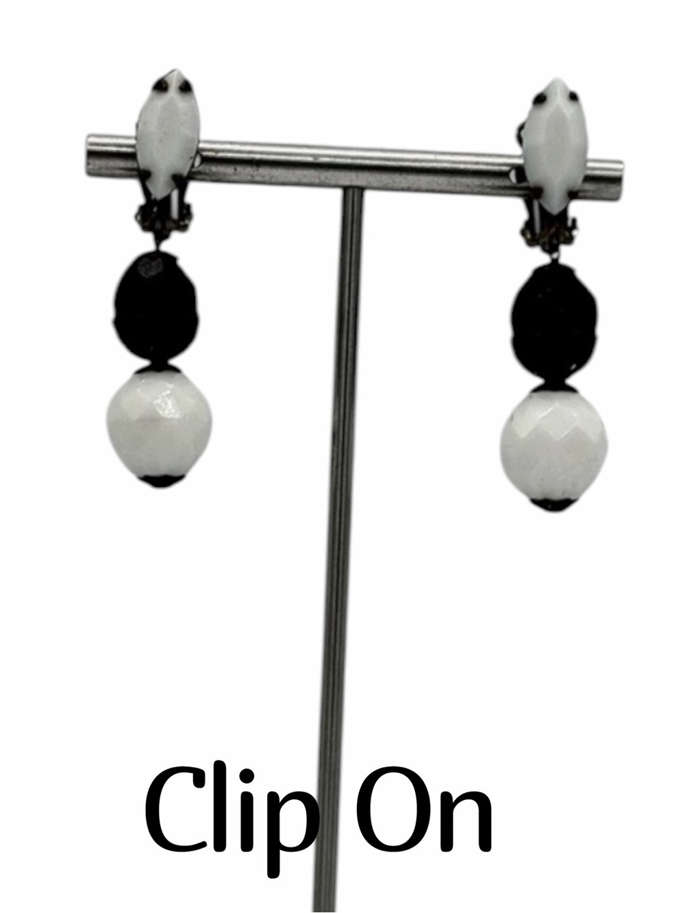 Vintage 1950s LEWIS SEGAL California White & Black Glass Clip On Earrings